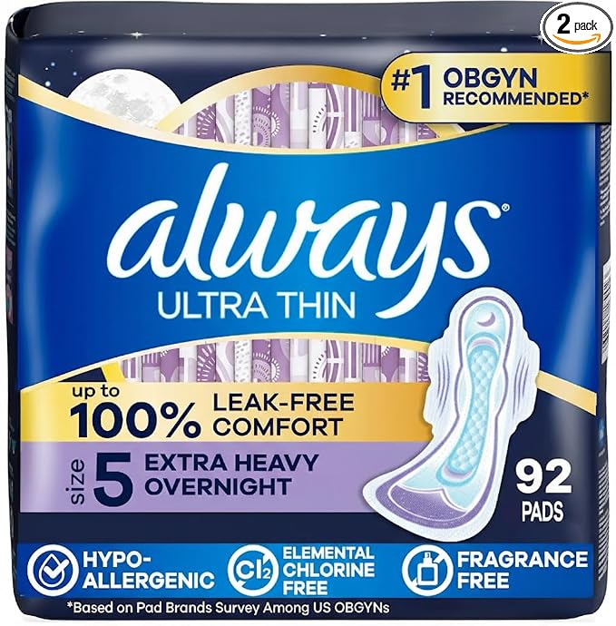 Always Ultra Thin Overnight Pads, Size 5, Extra Heavy Overnight, Unscented, 92 Count (2 Packs of 46)