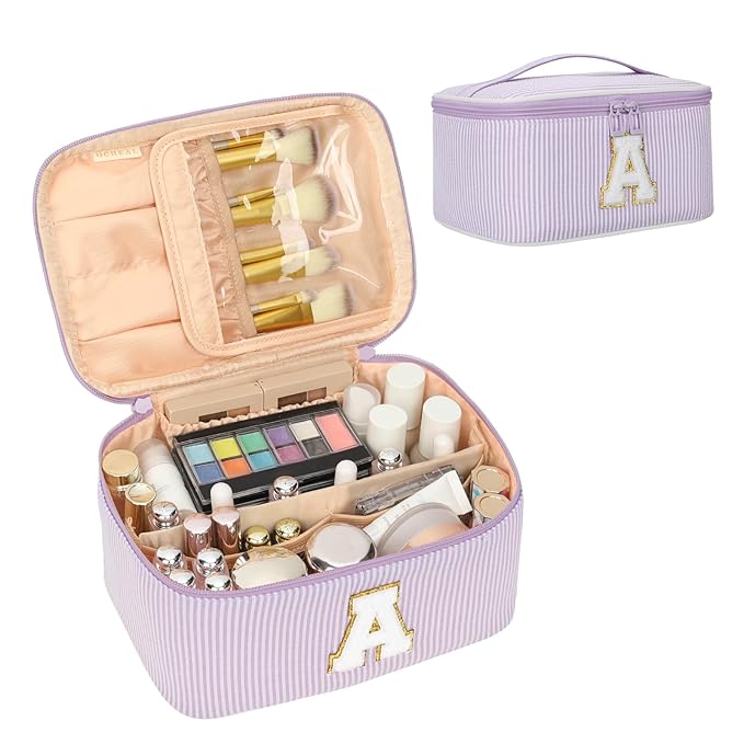 OCHEAL Makeup Bag Valentines Day Gifts for Women, Monogram Cosmetic Bag Purple Travel Makeup Case Beauty Toiletry Bag Organizer Personalized Gifts for Girls Bridesmaid, Sister, Wife, Friends Initial A