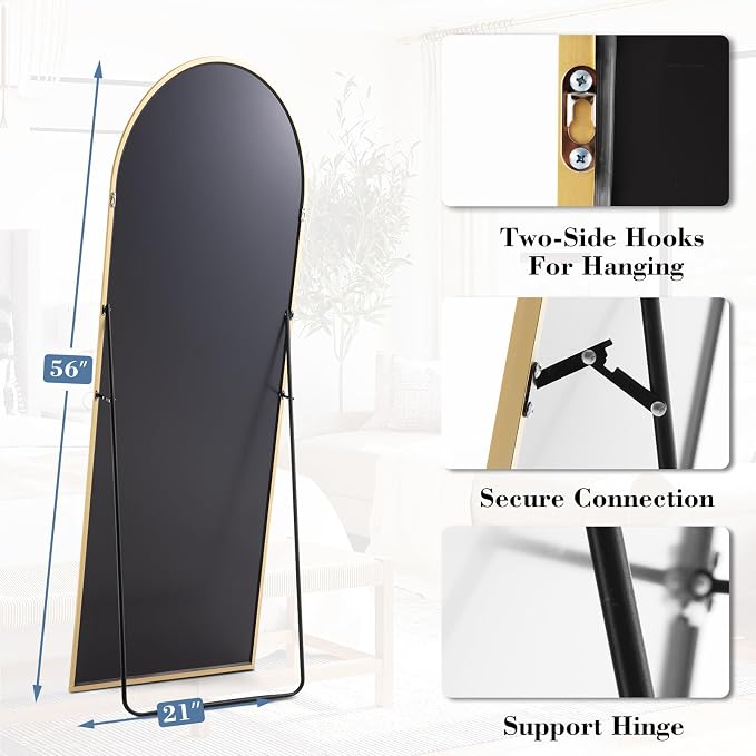 DUMOS 56"x15" Arched Full Length Mirror with Stand, Full Body Floor Mirror | Free Standing or Wall Mount, Nano Glass Aluminum Frame, Hanging or Leaning, Modern Simple Home Decor, Gold