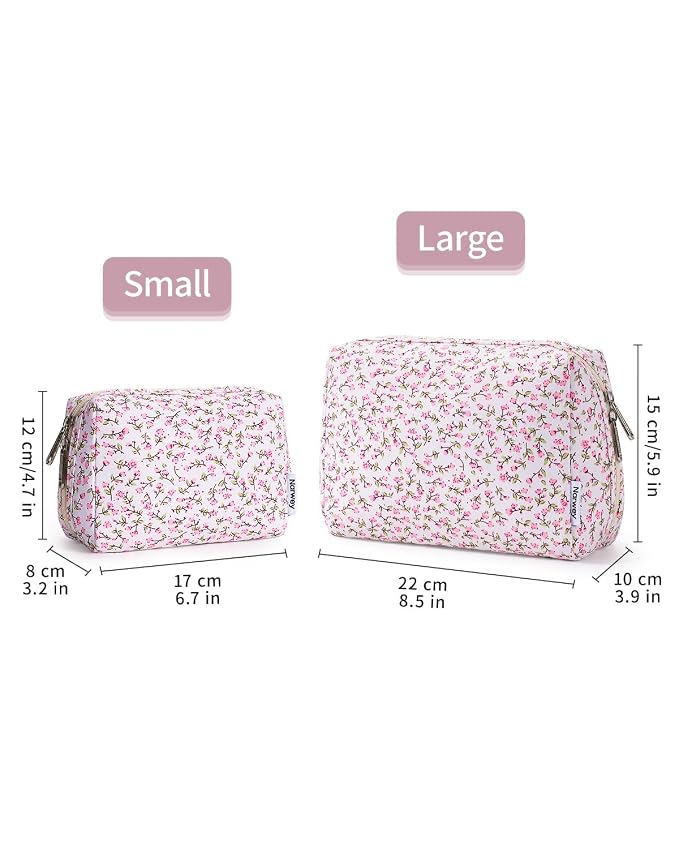 Narwey Cute Floral Makeup Bag Travel Cosmetic Bag Organizer Toiletry Bag Make Up Bags with Compartments for Women Girls (Pink Flower, Large)
