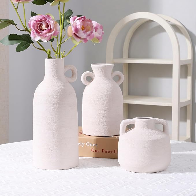 Ceramic Vase Set, 3Pcs Flower Vases for Modern Boho Farmhouse Decor, Decorative Vases for Pampas Grass & Dried Flowers, Distressed Finish
