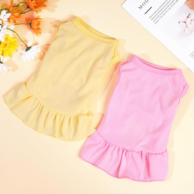 2 Pcs Dog Dresses Cat Skirt Solid Color Dog Clothes Summer Sleeveless Puppy Girl Clothes for Small Pet Dogs Cats (Yellow,Pink, Small)