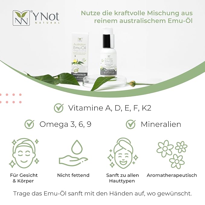 Y Not Natural Pure Emu Oil - Organic Moisture for Face, Body, Hair, Scalp & Nails - Rich in Omega 3-6-9, Vitamins & Essential Minerals - Australian Emu Oil (60ml) 2.03 fl oz - Blue Gum Eucalyptus