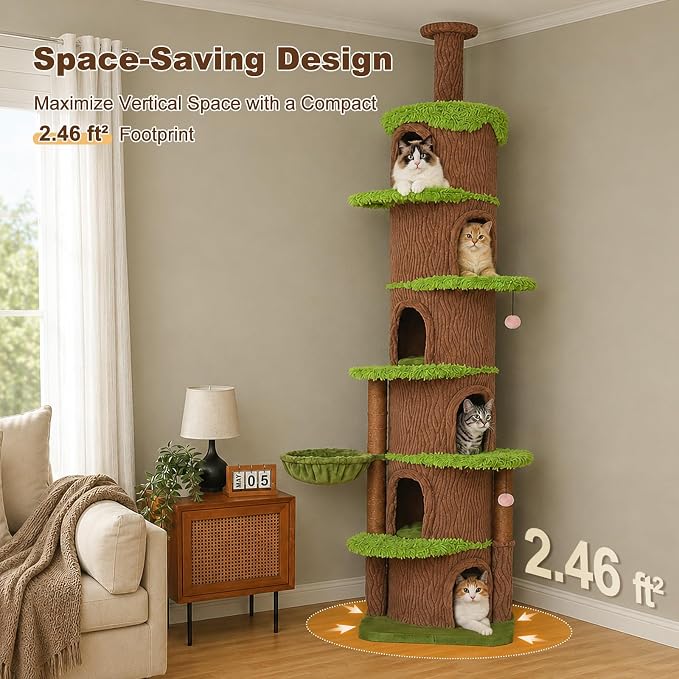 MUTTROS Magic Forest Floor-to-Ceiling Cat Tree, Adjustable 96.8"-116.5" | Designed for multi-cat homes, 6 spacious condos, scratching posts, hammock and perches for cats to climb, rest and relax