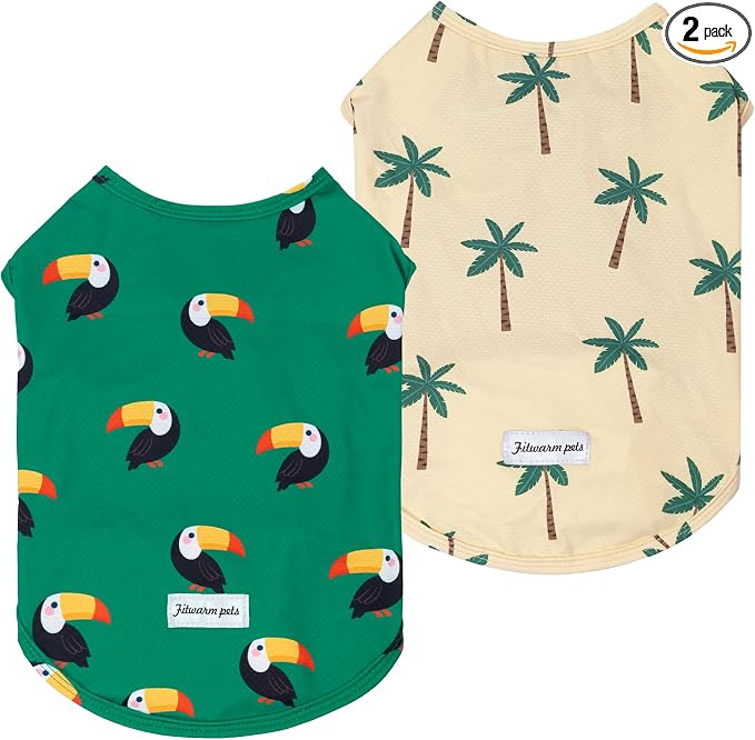 Fitwarm 2 Pack Toucan & Palm Tree UPF 50+ Sun UV Protection Dog Shirt, Lightweight Cooling Vest, Quick Dry Summer Clothes for Small Dogs Boy Girl, Pet Outfit, Green, Beige, Medium