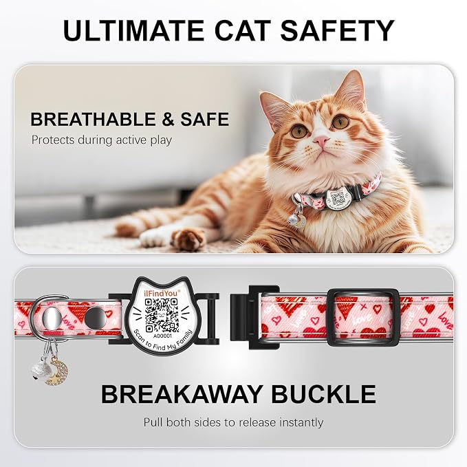 Breakaway Cat Collar with QR Code Name Tag&Bell, Adjustable Kitten Collar, Reflective Anti-Lost Safety Cat Collars for Girl Cats & Boy Cats, Comfortable Durable Nylon Pet Collar(Love)