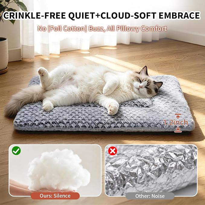 Cat Bed for Indoor Cats, Self Warming Basketweave Chenille Fur Mat | 23.6"x15.7", Faux Rabbit Fur in Basketweave, Silent Crinkle-Free, Double-Sided Cozy, Non-Slip Bottom, Machine Washable