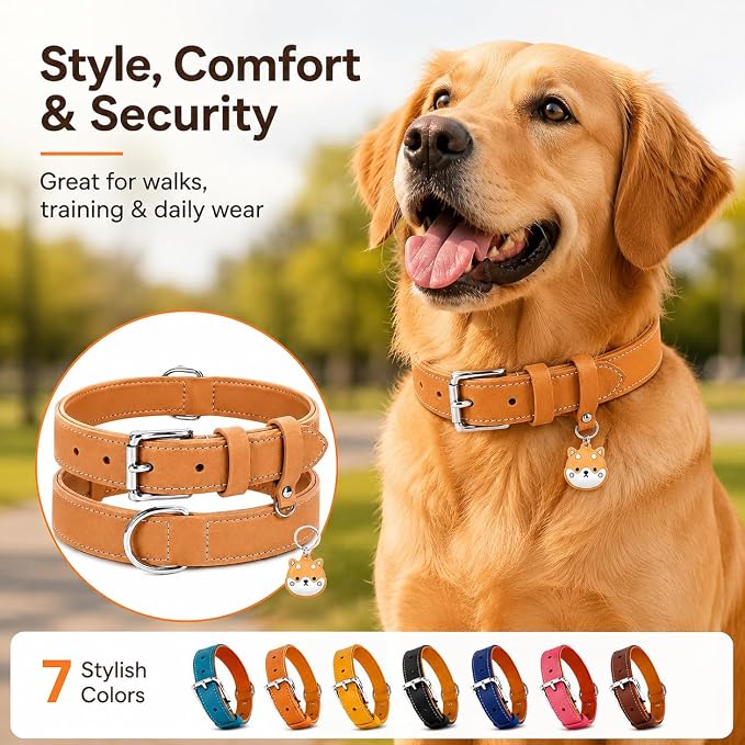 Genuine Leather Dog Collar, Soft Padded Leather Dog Collars with Airtag Holder Case for Small Medium Large X-Large Dogs,Comfort Heavy Duty Pet Collar with Durable Metal Buckle & D-Ring-Khaki/M