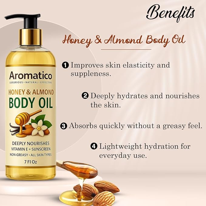 Aromatico Honey & Almond Body Oil for Women – 7 fl oz | Moisturizing After Shower Body Oil for Daily Use | Cozy & Creamy Fragrance