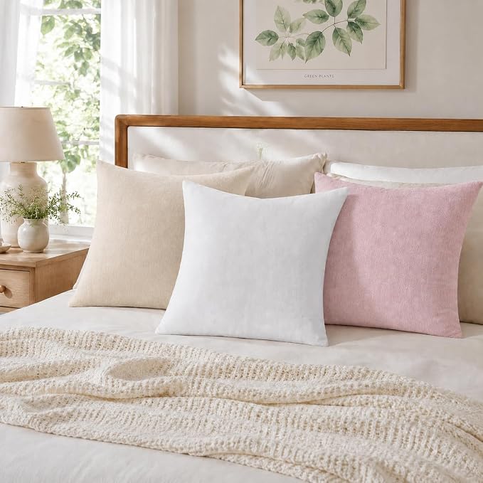 decorUhome Soft Chenille Beige Throw Pillow Covers 24X24 Set of 2 | Decorative Fall Couch Pillow Covers Solid Dyed Accent Modern Euro Sham Farmhouse Neutral Square Pillow Cases for Sofa