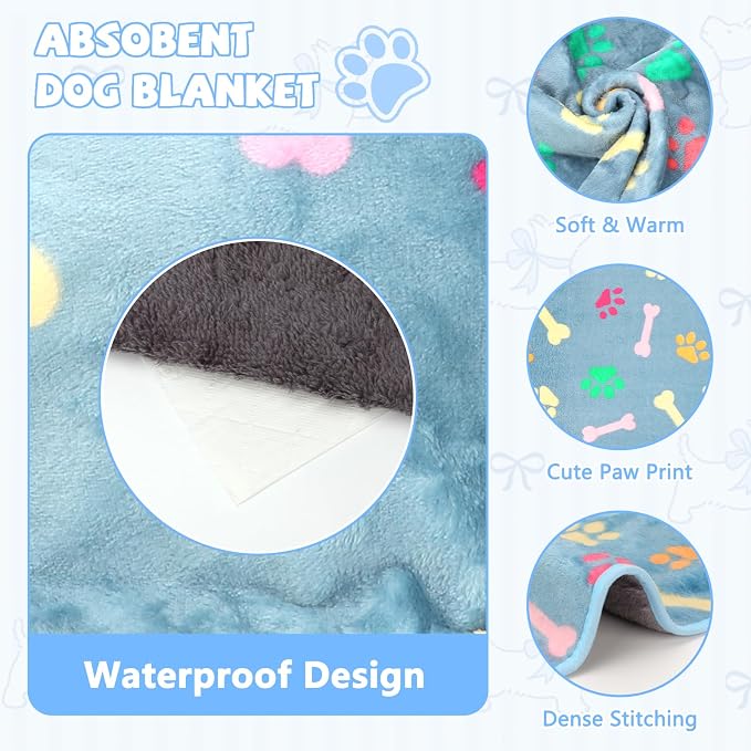 YUEPET 2 Pack Waterproof Dog Blankets, Washable Puppy Blankets 23 x 16 in | Black/Blue Paw Set, Reversible Fleece Throw, Heat-Reflective Mylar Layer, Bed/Sofa/Car Protection, Small Dogs and Cats