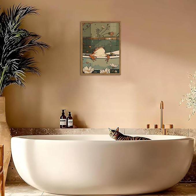 Funny Japanese Frog Bathroom Wall Art Whimsical Frog in Bathtub Wall Decor Painting Cute Animal Bathroom Poster Canvas Print Picture 12x16 inch Wood Framed