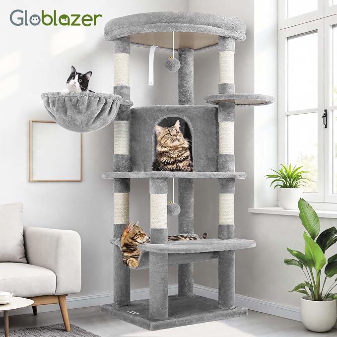 Globlazer Corner Cat Tree Tower with Scratching Post, C51, Light Grey | 51in Space-Saving Multi-Level Cat Condo for Indoor Cats with Hammock, Large Top Perch for Large Cats, Cozy Cat Cave