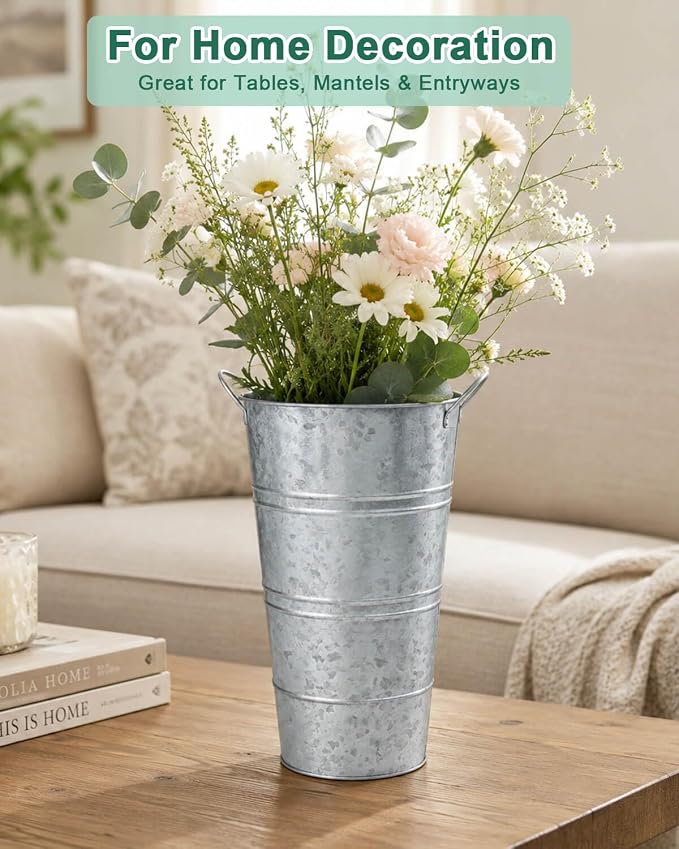 12 Inch Galvanized Metal Vase, 6 Pack Tall Flower Buckets with Handles | Galvanized metal flower buckets with handles, rustic tall vase design for dried flowers, weddings, farmhouse and home decor.