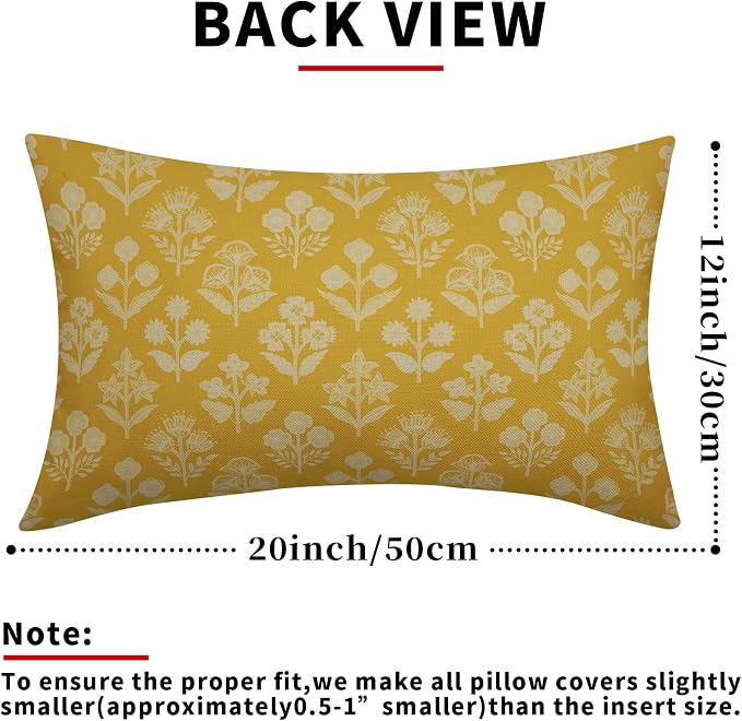 Yellow Pillow Covers 12x20 Inch Set of 2, Cream Floral Block Print Pattern Lumbar Decorative Throw Pillowcases Outdoor Farmhouse Rectangle Cushion Covers Spring Summer Sofa Couch Bed Decor