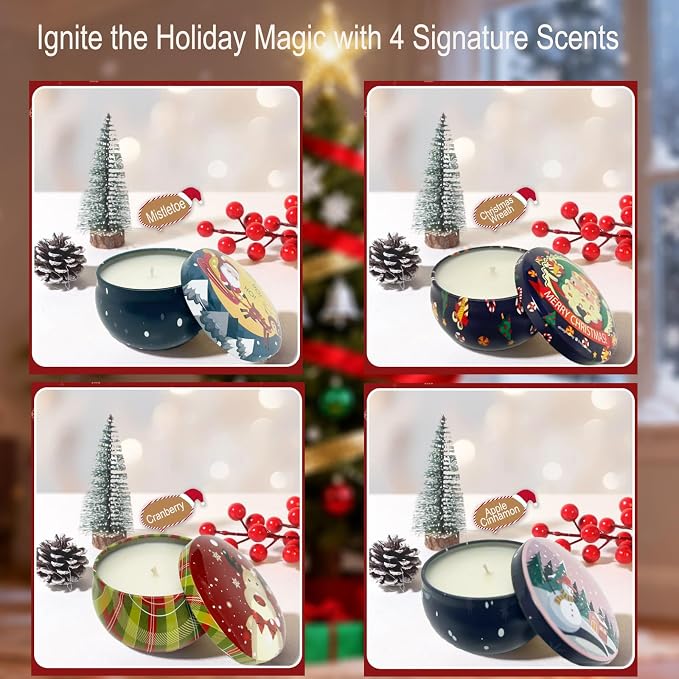 Christmas Scented Candle Set - 4 Pack (2.5oz Each) - Holiday Scents: Cranberry, Apple Cinnamon, Mistletoe & Christmas Wreath - Natural Soy Wax, Festive Aromatherapy Gifts