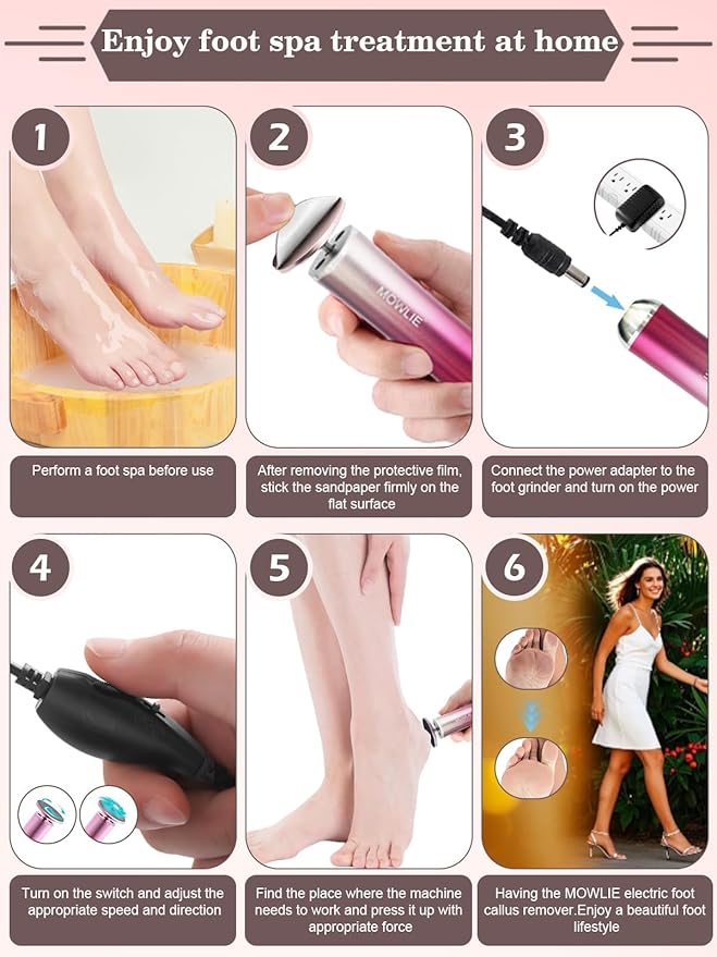 MOWLIE Electric Foot Callus Remover,Foot Scrubber & Callus Remover for Feet Foot Spa Pedicure Tool with 60 Grinding Discs Professional Electric Foot File Ideal (Light Pink)