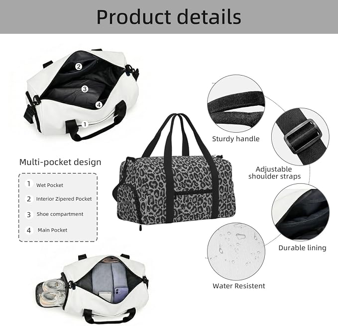 Fiokroo Sports Gym Bag Grey Leopard Pattern Travel Duffel Bag For Men Women With Shoe Compartment Water Resistant Gym Bag Carry On Duffel Bag For Weekend Traveling Yoga Gym Sports