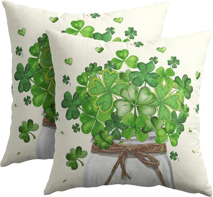 Kawani St Patricks Day Pillow Covers 16x16 Inch Set of 2 Green Shamrock Lucky Clover Mason Jar Pillowcase Cotton Linen Square Cushion Case Decoration for Home Couch Sofa Bed Living Room