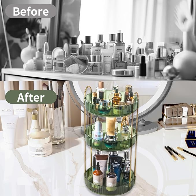 Asayuee 360 Rotating Perfume Organizer,3 Tier Large Capacity Make Up Organizers and Storage,Makeup Organizer for Bathroom,Cosmetic Perfume Stand Holder (Green-3 Tier)