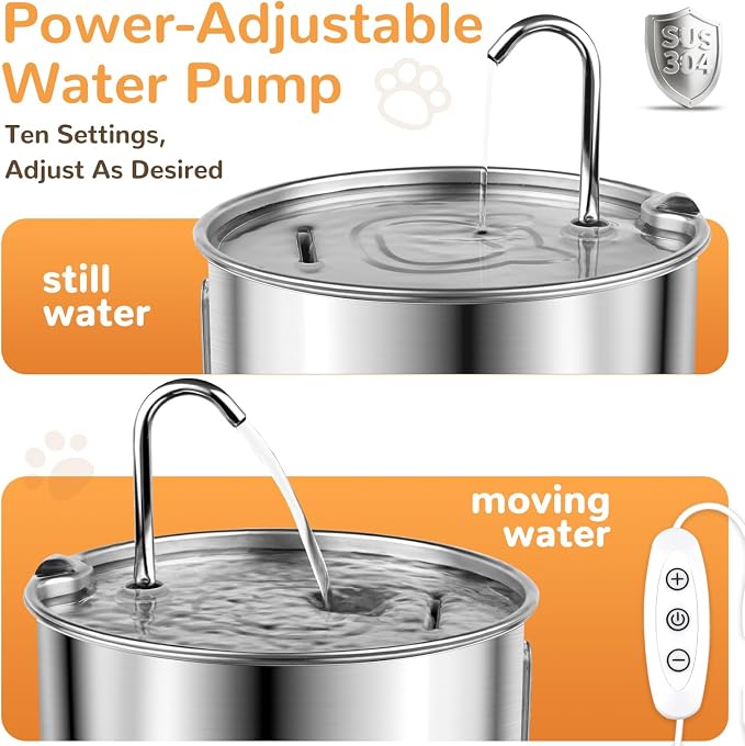 Stainless Steel Cat Water Fountain, 135oz/4L, 20 Filters | Ultra-Quiet Automatic Dog Water Dispenser with Adjustable Pump and 3 Flow Modes for Cats, Dogs, Multiple Pets