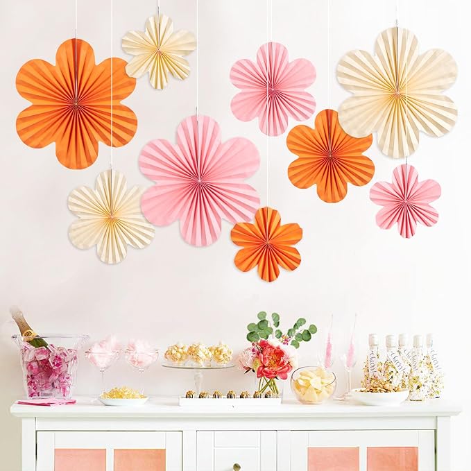SUNBEAUTY Paper Flowers Decorations Pink and Orange for Wall Paper Fans Classroom Decoration Paper Floral Backdrop Decor Paper Fans Decor Hanging Paper Fans Orange Flower Wall Decor Set of 9
