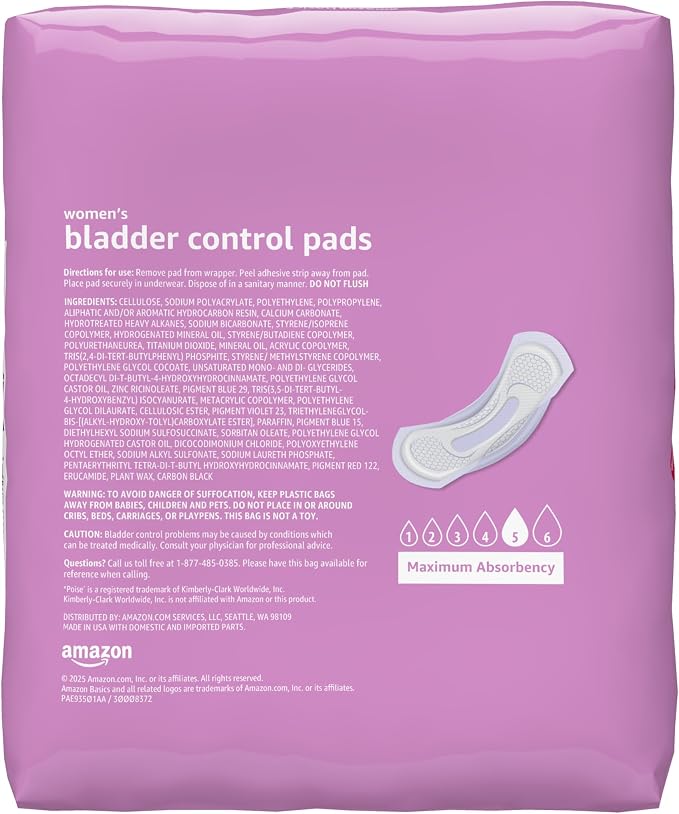 Amazon Basics Incontinence Pads for Women, Postpartum, Long, Maximum Absorbency, Bladder Control, Unscented, 78 Count (2 Packs of 39)