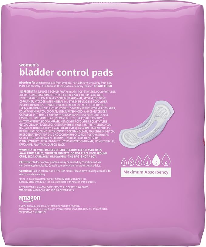 Amazon Basics Incontinence Pads for Women, Postpartum, Long, Maximum Absorbency, Bladder Control, Unscented, 39 Count