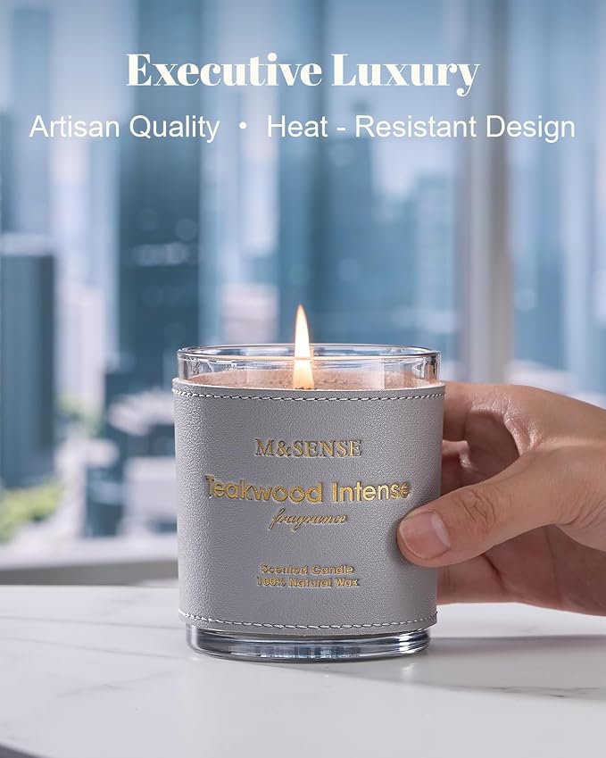 M&SENSE Teakwood Scented Soy Candles | Vegan Non Toxic, 10oz, 42-Hour Clean Burn, Relaxing Aromatherapy, Stress Relief