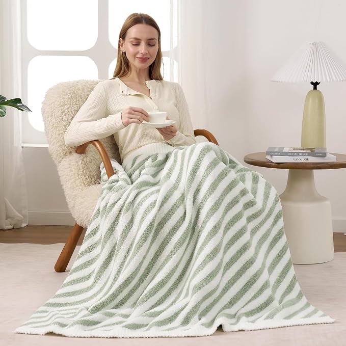 Snuggle Sac Ultra Soft Throw Blanket, Sage Green, 50"x60" | Reversible, Cozy Knitted, Fuzzy Knit Striped, For Couch, Sofa, Bed