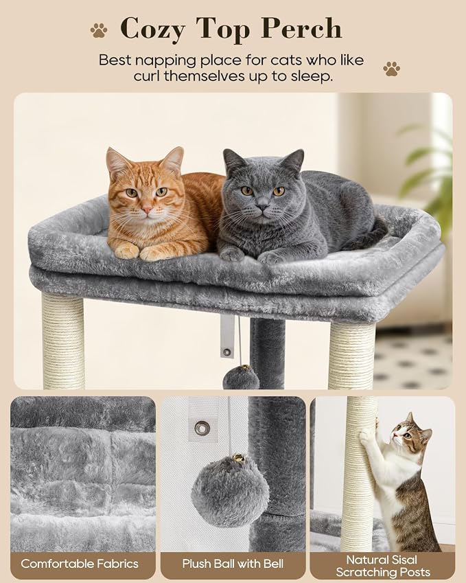 SYANDLVY Small Cat Tree with 2-Tier Perch Platforms, Scratching Post Tower | Natural Sisal, Hanging Bell Ball & Anti-Tip Strap, Modern Cat Furniture for Indoor Cats, Grey