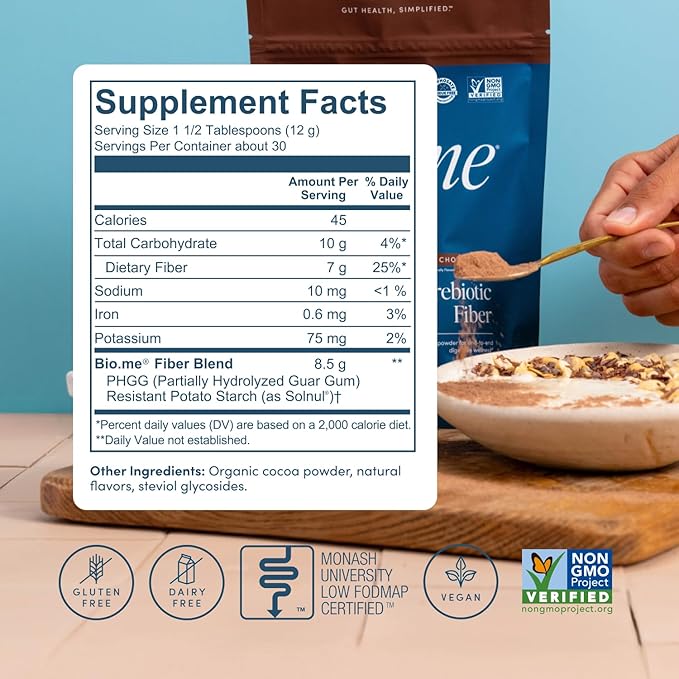 Bio.me Daily Prebiotic Fiber Powder Chocolate - 7g Per Serving - Soluble & Insoluble Fiber Supplement Powder for Women & Men - Digestive Health & Gut Health - GLP-1 Friendly, Sugar Free - 30 Servings