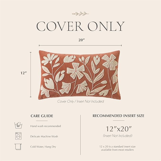 Lumbar Pillow Cover 12x20 Inch, Rust Terracotta Floral Tufted Velvet Decorative Accent Pillow Case for Sofa Bed Living Room, Cover Only