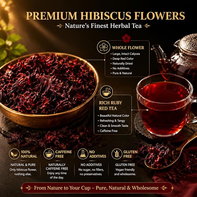 WOTIHA (17.6oz) 100% Natural Hibiscus Flowers tea,Pure from dried Hibiscus Flowers Loose Flower Hibiscus Herbal Tea. Hibiscus Flower Tea. No Sugar, No Caffeine, No Gluten, Vegan.