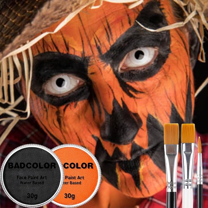 Black Orange Face Body Paint with Brushes for Pumpkin Halloween Makeup, Water Based Face Painting Kit Non-Toxic for Kids Adults Party, Facepaint for Scarecrow Clown Tiger Lion Costume Cosplay Make-Up