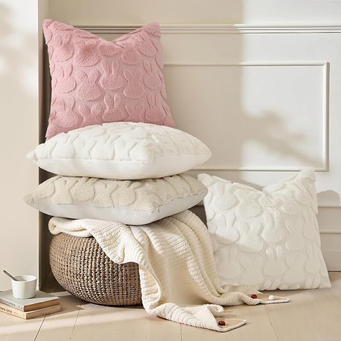 decorUhome Pink Faux Fur Bunny Throw Pillow Covers 20X20 Set of 2 | Plush Soft Wool Jacquard Pink Rabbit Cushion Covers, Modern Farmhouse Easter Holiday Decor PillowCases for Sofa Bed