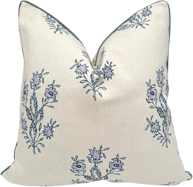“The Mary” Blue and White Decorative Throw Pillow Cover – Floral Block Print Pillow Cover – Grandmillennial Home Decor, 19" x 19"