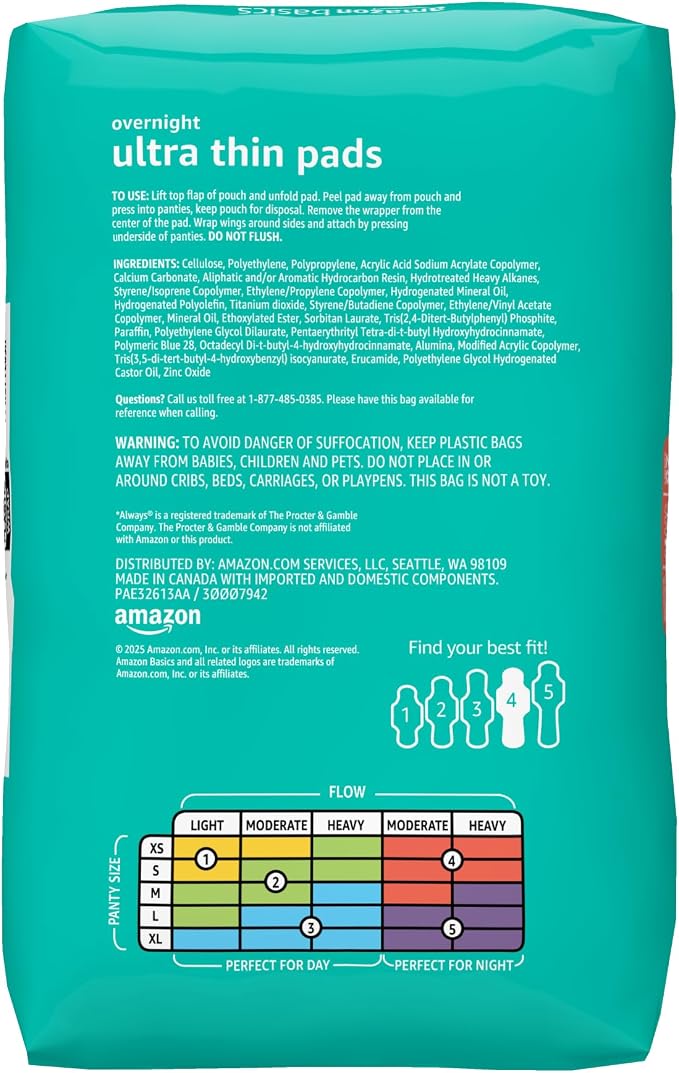 Amazon Basics Overnight Heavy Absorbency Feminine Pads for Women, Ultra Thin with Flexi-Wings, Unscented, Size 4, 28 Count, 1 Pack