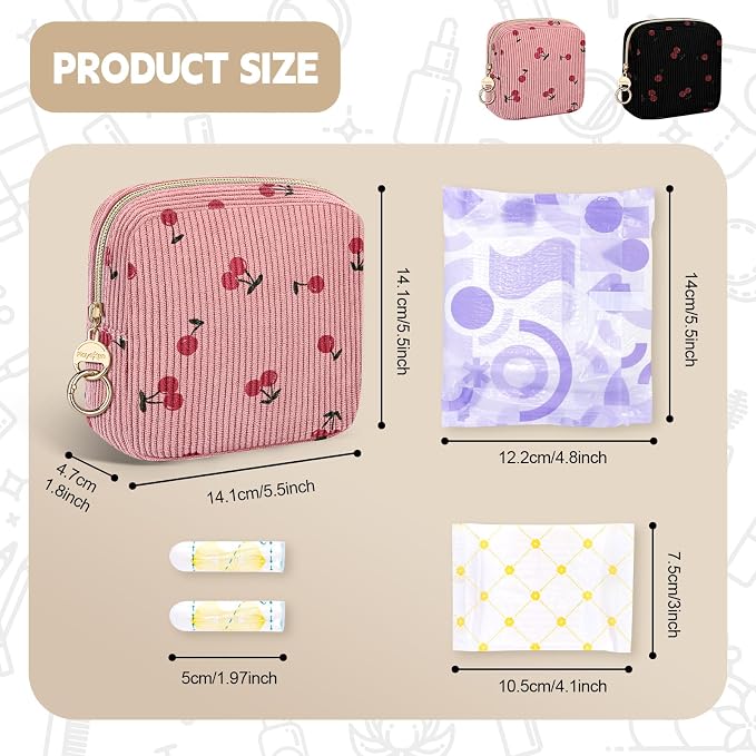 Period Bag for Teen Girls, Corduroy Sanitary Napkin Storage Bag, Menstrual Pad Pouches Tampon Holder for Purse (Cherry-Light Pink)