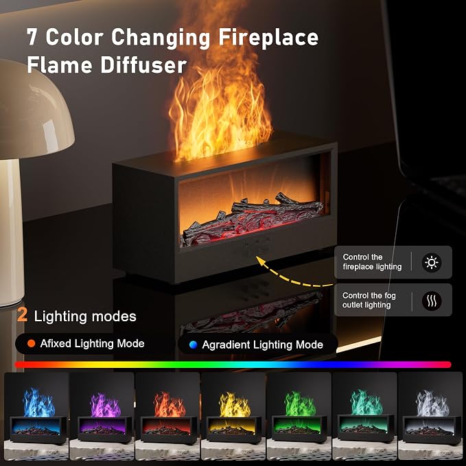 Fireplace Flame Air Diffuser Humidifier | 7 Colors Aromatherapy Oil Diffuser, Ultrasonic Aroma Humidifier with Remote Control & Timer for Bedroom Home Office Yoga