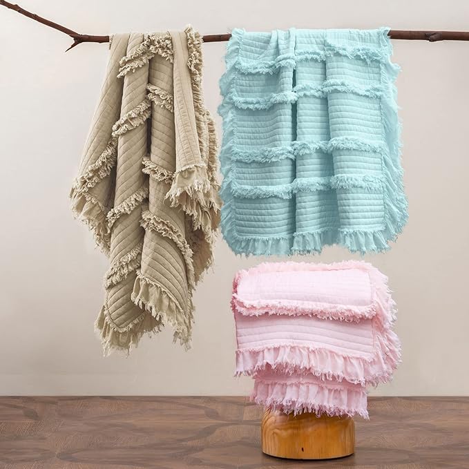 Ultra Soft Pre-Washed Quilted Boho Beige King Size Blankets for Bed, Ruffle Fringed Decorative Throw, Stone Washed Chic Rustic Blanket for Sofa Couch Bed, 104"*90"
