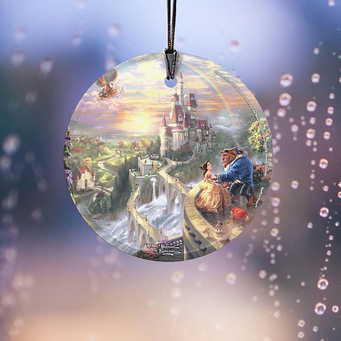 Disney - Beauty and The Beast - Falling in Love by Thomas Kinkade - 3.5” Starfire Prints Hanging Glass Print Accessory | Arrives in a Velveteen Gift Bag SPCIR376