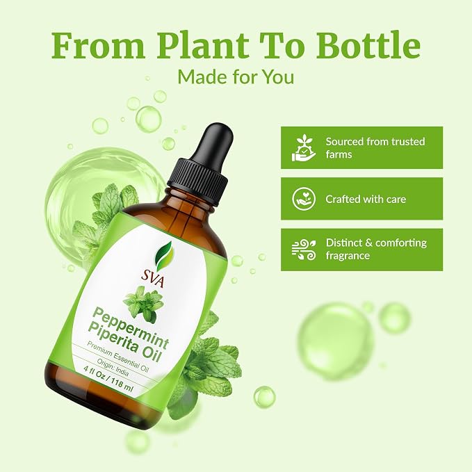 SVA Peppermint Piperita Essential Oil 4 Fl Oz – for Diffuser, Skin & Hair Care – Ideal for Massage & DIY Blends - with Dropper