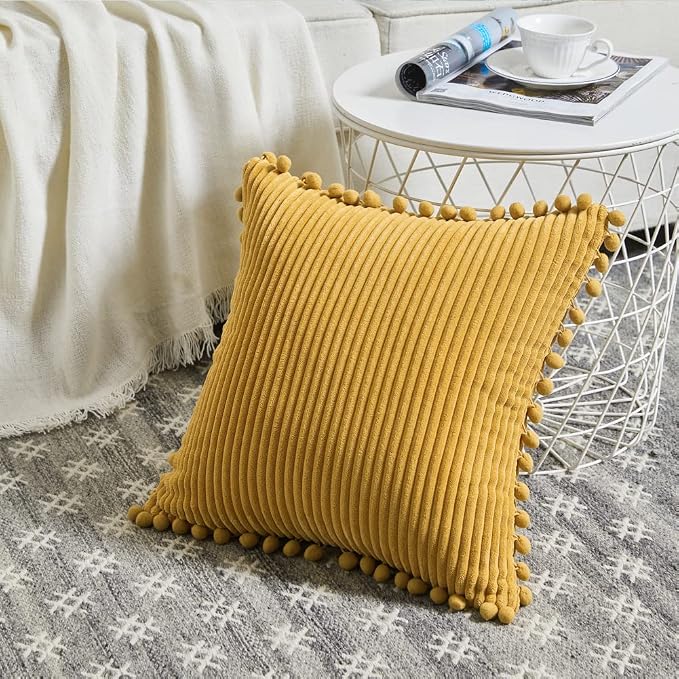 Fancy Homi 24x24 Pillow Covers, 2 Packs Mustard Yellow Throw Pillow Covers with Pom-poms, Super Soft Corduroy Square Solid Cushion Cover for Couch Sofa Bedroom Living Room 60x60 cm