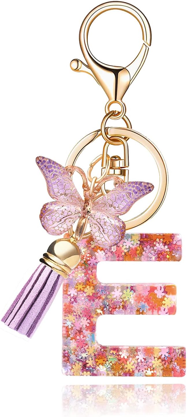 Fashion Alphabet Initial Letter Keychain Tassel Butterfly Pendant Key Ring for Purse Handbags Women Girl