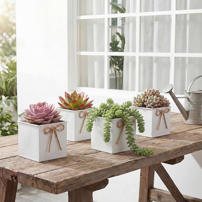 12 Pack Galvanized Square Vases with Floral Foam, 3.5 inch Waterproof Rustic Tin Buckets with Twine Bows, Mini Farmhouse Metal Planter Centerpieces for Wedding Party Table Decor(White)