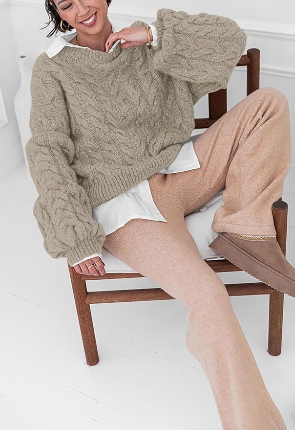 PRETTYGARDEN Womens Sweaters Spring 2026 Cable Knit Long Sleeve Crewneck Oversized Sweater Chunky Pullover Loose Outfits