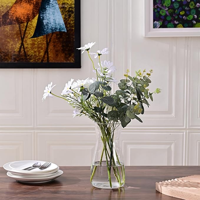 8 Inch Clear Glass Vase for Flowers, Modern Boho Table Decor | Farmhouse Vases For Rustic Vintage Living Room Kitchen Bedroom Halloween Christmas Decor House Book Shelf Office Decor