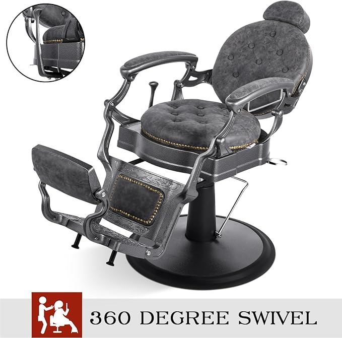 Artist hand Retro Barber Chair Heavy Duty Barber Chairs Vintage Salon Chair Hydraulic Recline Beauty Spa Styling Equipment Rounded Cushioning with Puckered Button (Grey)