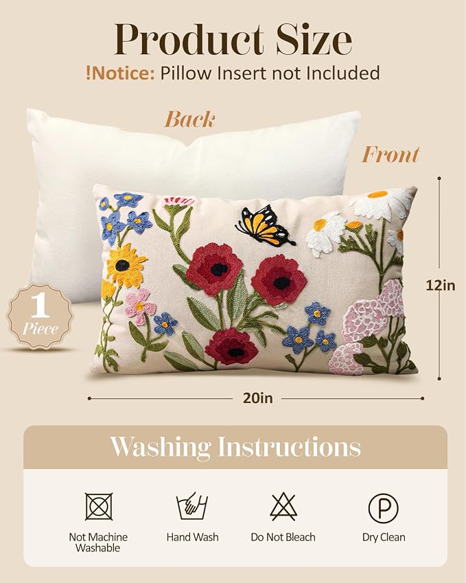 Embroidered Lumbar Pillow Cover 20x12 Inch, Retro Flower | Decorative Throw Pillow Cover, Vintage Boho Cushion Case with Hidden Zipper, Floral Decor for Couch, Sofa, Living Room, Bed